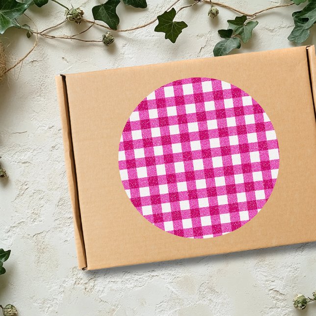 Elegant Valentine Pink Glitter Tartan on White Classic Round Sticker (Creator Uploaded)
