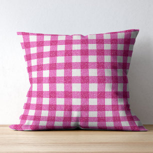 Elegant Valentine Pink Glitter Tartan on White Cushion