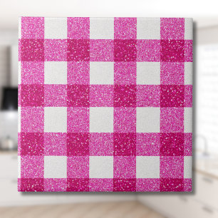 Elegant Valentine Pink Glitter Tartan on White Tile