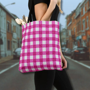 Elegant Valentine Pink Glitter Tartan on White Tote Bag