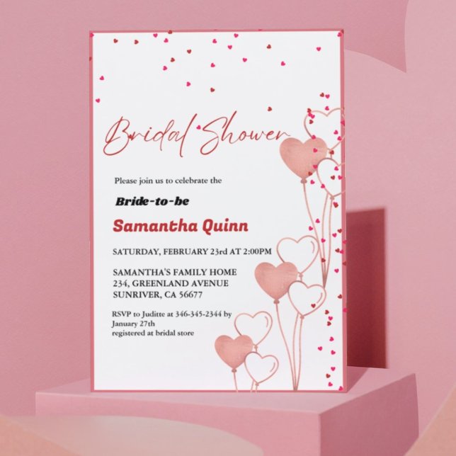 Elegant Valentine pink & Red heart Bridal Shower  Invitation (Creator Uploaded)