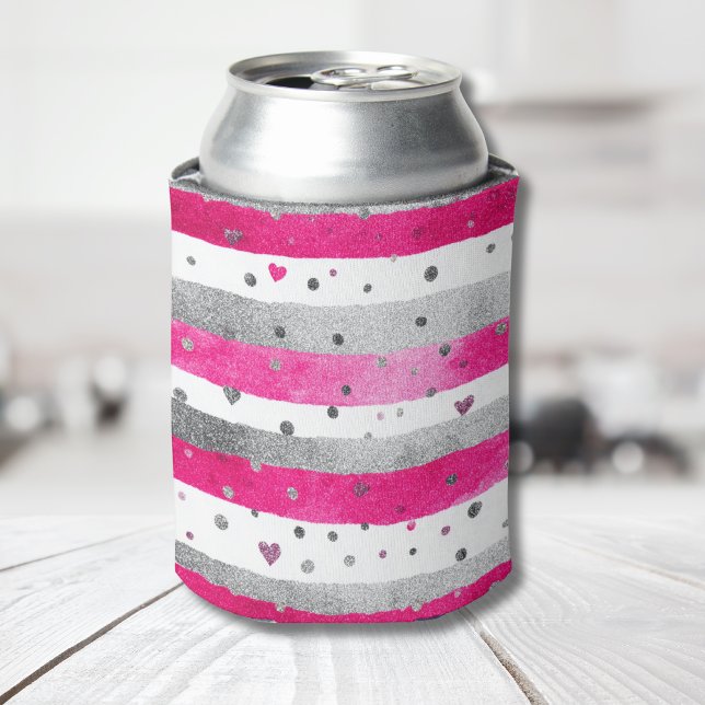 Elegant Valentine Pink Silver Hearts on Striped Can Cooler (Creator Uploaded)