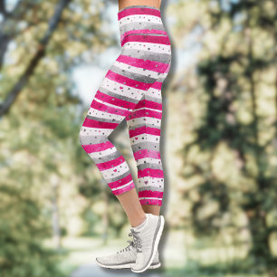 Elegant Valentine Pink Silver Hearts on Striped Capri Leggings