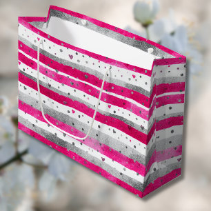 Elegant Valentine Pink Silver Hearts on Striped Large Gift Bag