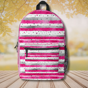 Elegant Valentine Pink Silver Hearts on Striped Printed Backpack