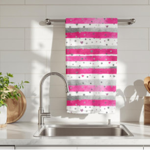 Elegant Valentine Pink Silver Hearts on Striped Tea Towel