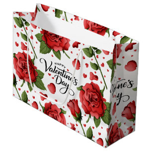 Elegant Valentine Red Roses with Crimson Hearts Large Gift Bag