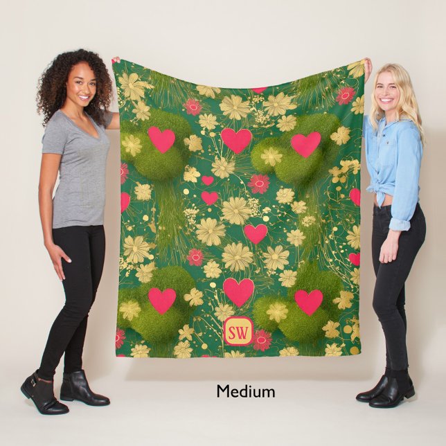 Elegant Valentine’s Day, monogram, moss Fleece Blanket (Creator Uploaded)