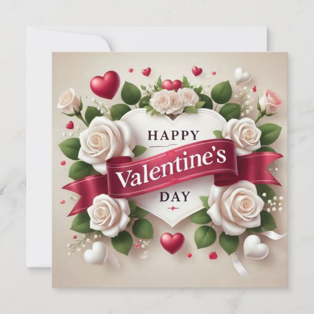 Elegant Valentine's Day Design with Roses, Hearts Holiday Card (Front)