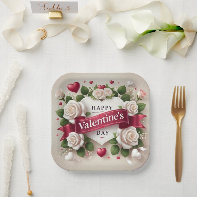 Elegant Valentine's Day Design with Roses, Hearts Paper Plate (Wedding)