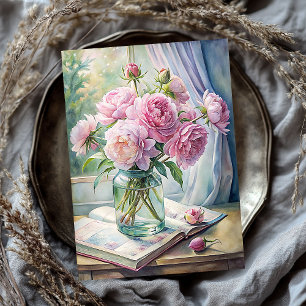 Elegant vase with pink peonies on table tissue paper