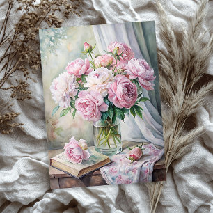 Elegant vase with pink peonies on table tissue paper