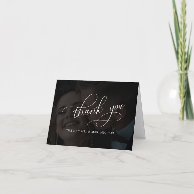 Elegant Vellum Black & White Overlay Photo Wedding Thank You Card (Front)