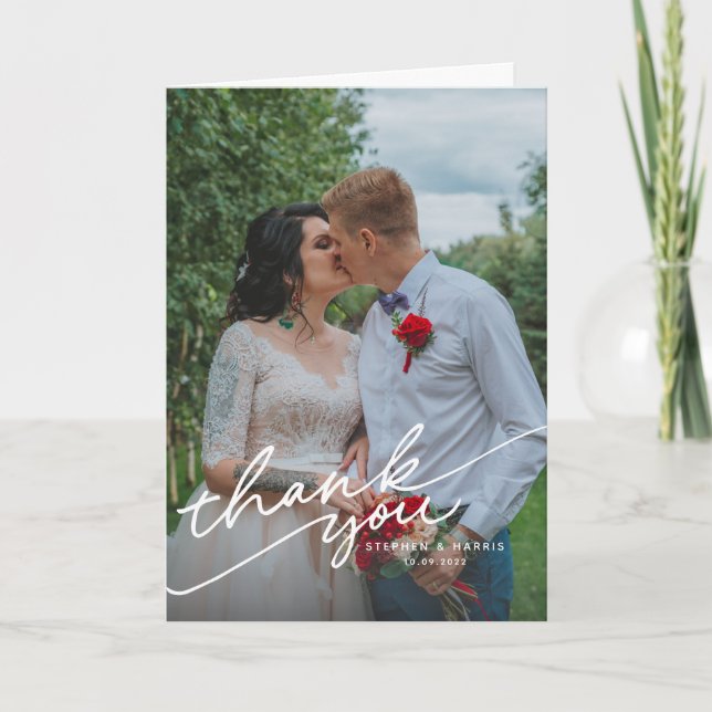 Elegant Vellum Black & White Overlay Photo Wedding Thank You Card (Front)
