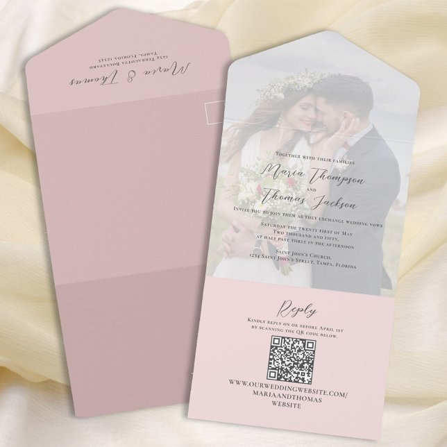 Elegant Vellum Photo Overlay Blush Pink | QR Code All In One Invitation (Creator Uploaded)
