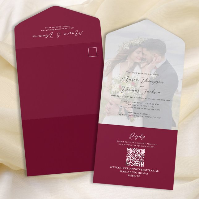 Elegant Vellum Photo Overlay Burgundy | QR Code All In One Invitation (Creator Uploaded)