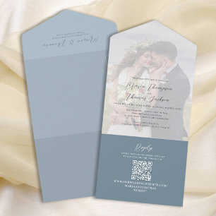 Elegant Vellum Photo Overlay Dusty Blue   QR Code All In One Invitation