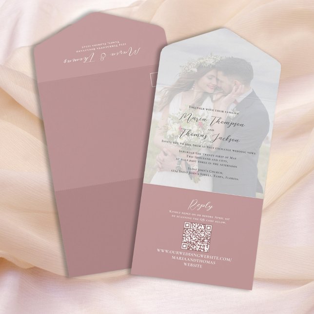 Elegant Vellum Photo Overlay Dusty Rose | QR Code All In One Invitation (Creator Uploaded)