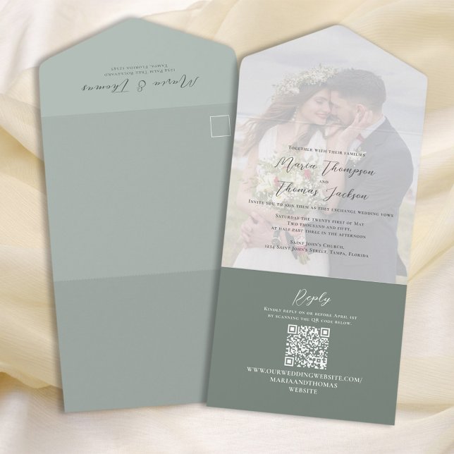 Elegant Vellum Photo Overlay Green | QR Code RSVP All In One Invitation (Creator Uploaded)