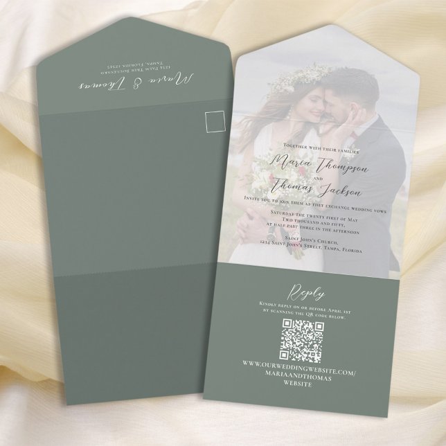 Elegant Vellum Photo Overlay Green | QR Code RSVP All In One Invitation (Creator Uploaded)