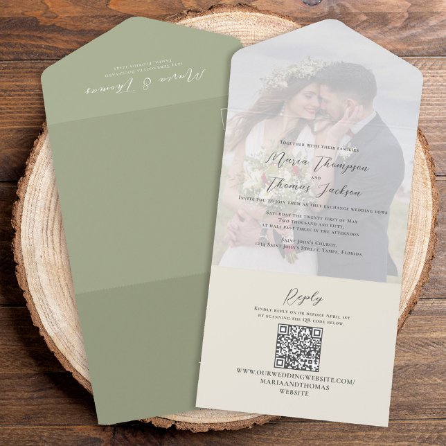 Elegant Vellum Photo Overlay Sage Green | QR Code All In One Invitation (Creator Uploaded)