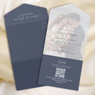 Elegant Vellum Photo Overlay Slate Blue   QR Code All In One Invitation