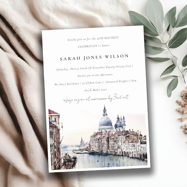 Elegant Venice Italy Canals Watercolor Birthday Invitation (Creator Uploaded)