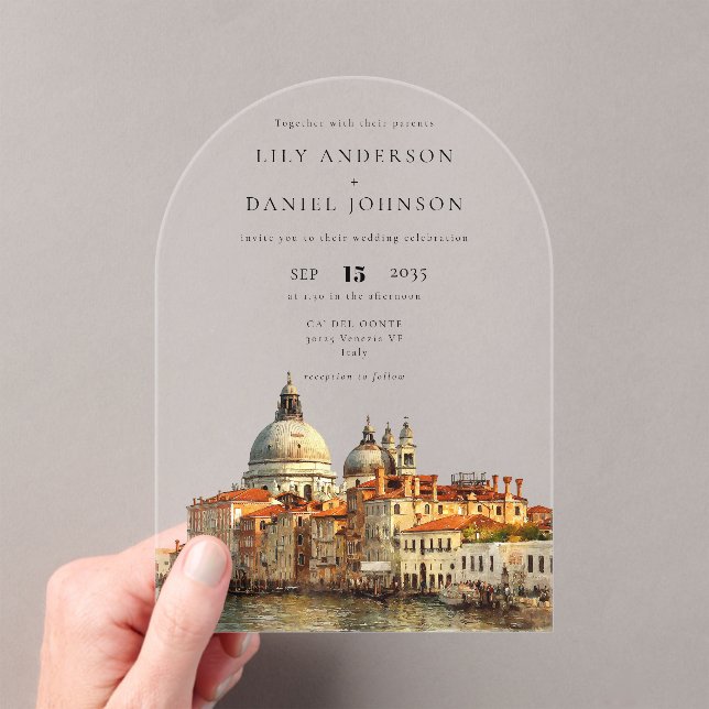 Elegant Venice Skyline Watercolor Wedding Arch Acrylic Invitations (Insitu (Handheld))