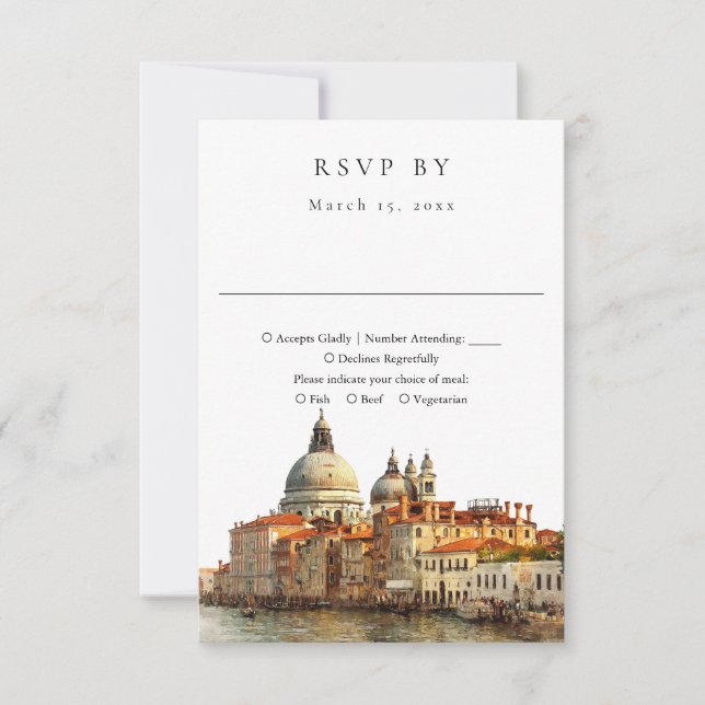 Elegant Venice Skyline Watercolor Wedding RSVP Card (Front)