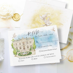 Elegant Venue Fountain doves Summer Wedding RSVP Card