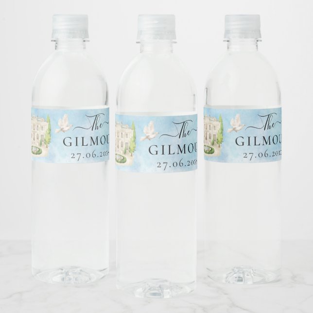 Elegant Venue Fountain flower doves Wedding Luxury Water Bottle Label (Bottles)