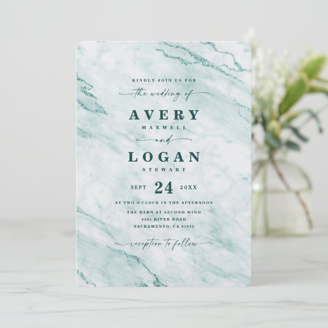 Elegant Verde Green Metallic Marble Wedding Invitation (Standing Front)