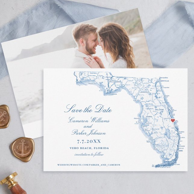 Elegant Vero Beach Florida Wedding Navy Map Save The Date (Elegant Vero Beach Florida wedding save the dates with navy blue map )