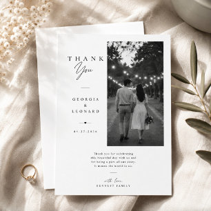 Elegant Vertical Black & White Photo Wedding  Thank You Card