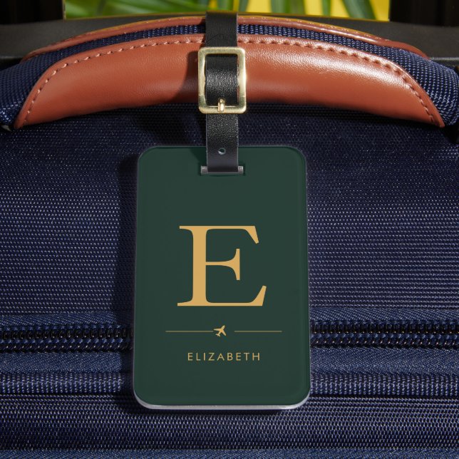 Elegant Vertical Monogram Hunter Green & Gold  Luggage Tag (Front Insitu 2)