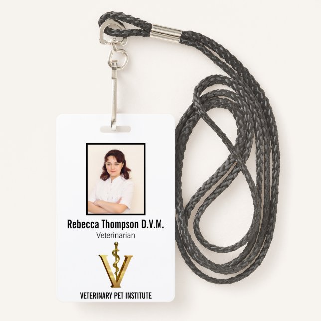 Elegant Veterinary Medicine Gold V Vet | Photo ID ID Badge (Front with Lanyard)