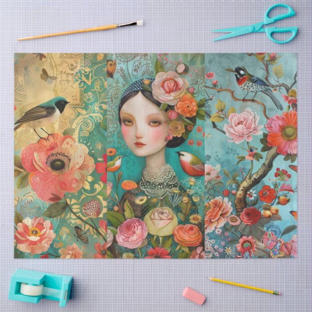 Elegant Vibrant Colourful Floral Decoupage Collage Tissue Paper (Craft)