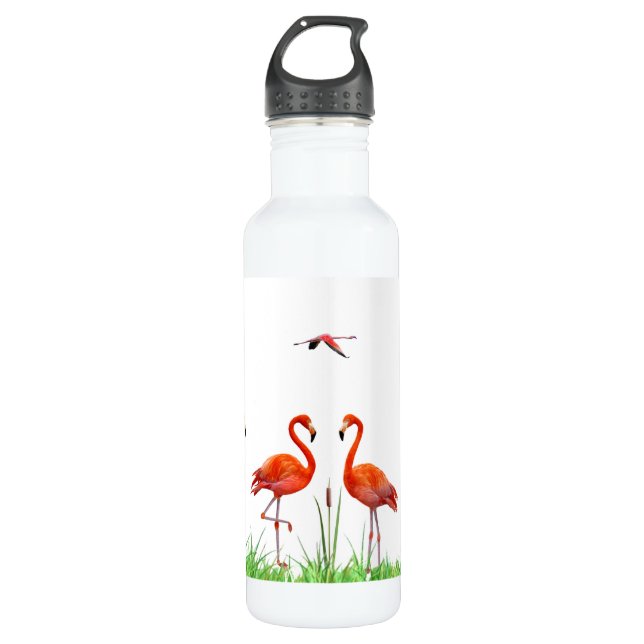 Elegant Vibrant Coral Pink Flamingos & Reed Plant 710 Ml Water Bottle (Front)