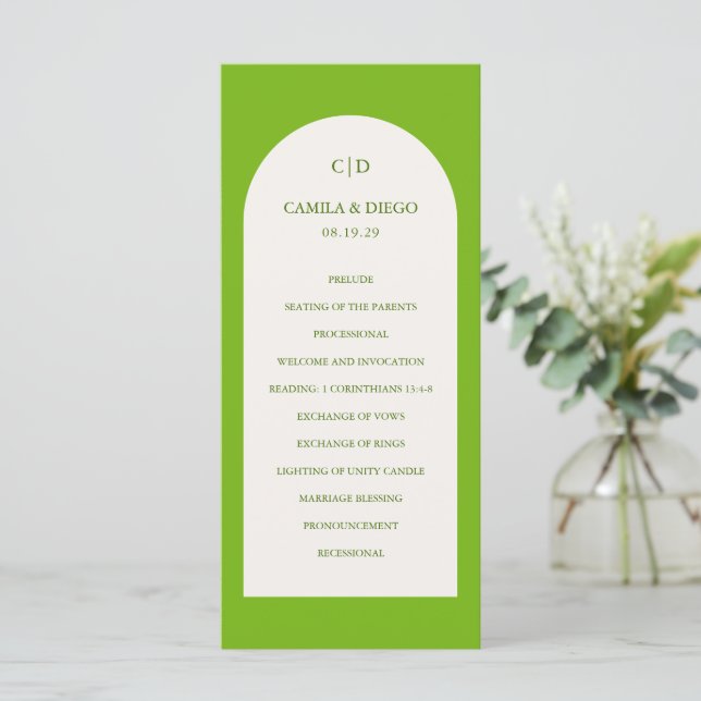 Elegant Vibrant Green Arch Modern Wedding Programme (Standing Front)