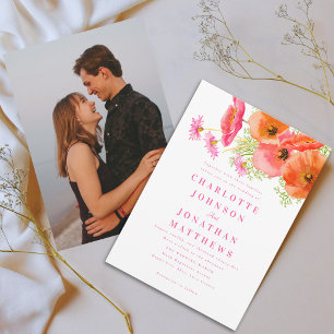Elegant Vibrant Pink Orange Floral Photo Wedding Invitation