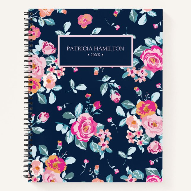 Elegant Vibrant Pink Roses Floral Pattern Journal (Front)