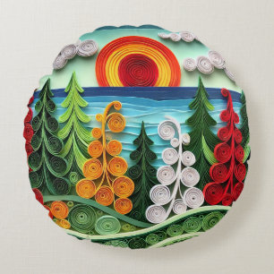 Elegant Vibrant Quilling Art Abstract Artistic Round Cushion
