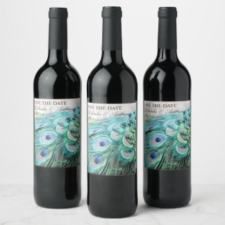 Elegant Vibrant Teal Peacock Feather Save the Date Wine Label