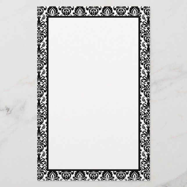 Elegant Victorian Black Lace Damask Pattern Border Stationery (Front)