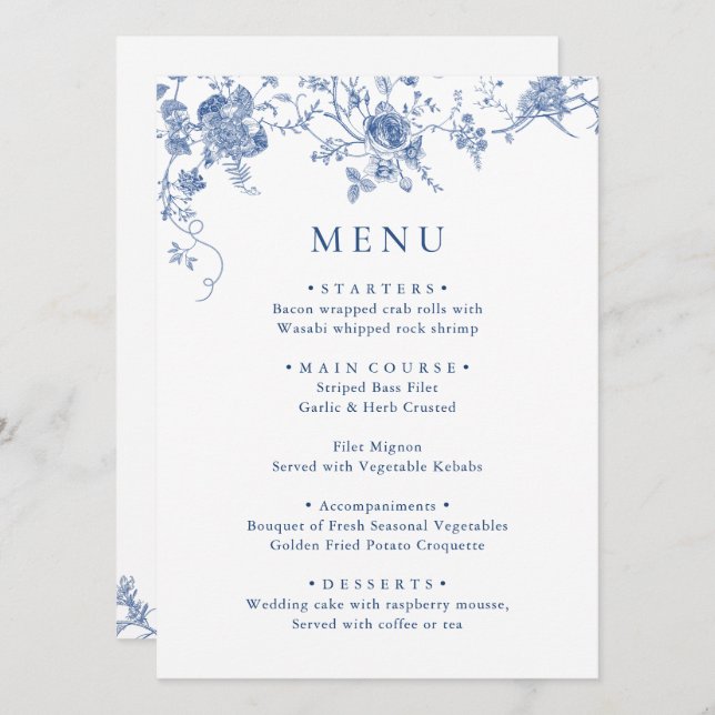 Elegant Victorian Blue Floral Wedding Dinner Menu (Front/Back)