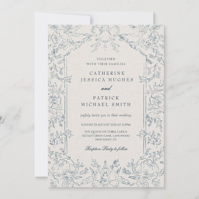 Elegant Victorian Blue Floral Wedding  Invitation (Front)