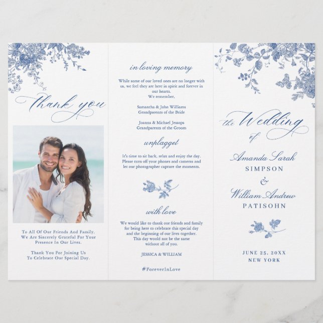 Elegant Victorian Blue Floral Wedding Program (Front)