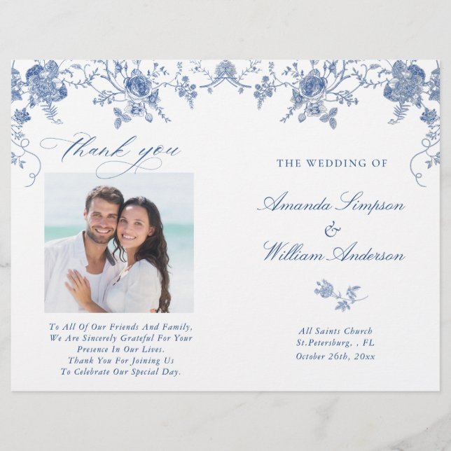 Elegant Victorian Blue Floral Wedding Program (Front)