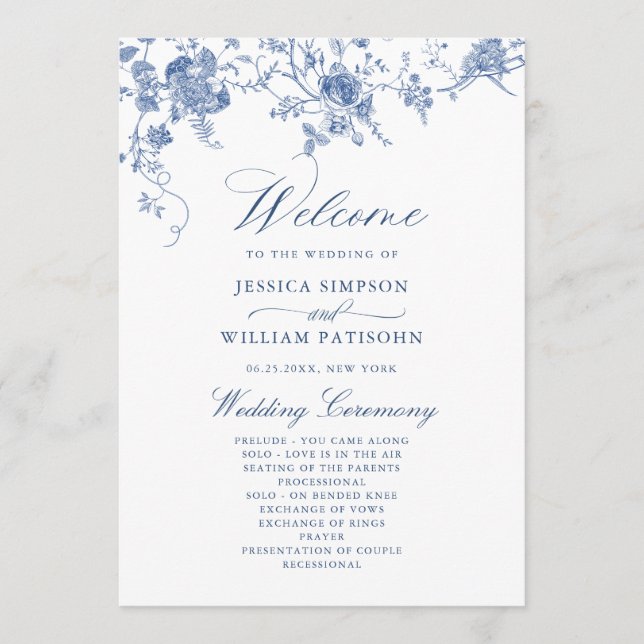 Elegant Victorian Blue Floral Wedding Program Programme (Front)
