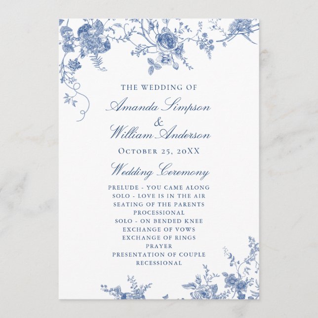 Elegant Victorian Blue Floral Wedding Program Programme (Front)